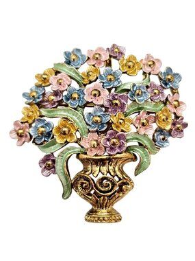 Vase Flower Bouquet Brooch Pink Blue Yellow Enamel Pin, Enhancer J756